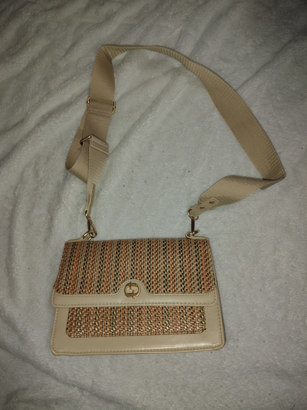 Beige Woven Crossbody Bag with Gold Accent